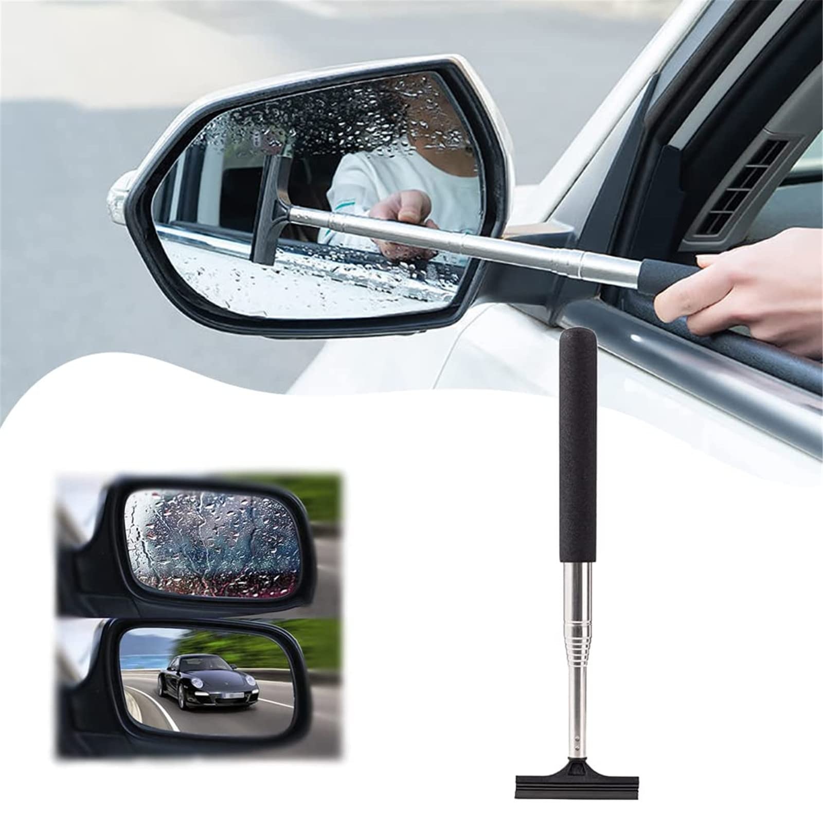 Retractable Rear-View Mirror Wiper,Quickly Wipe Water Removal Towel,Decontamination Mist Removal Water Wiper,Waterproof Anti-Fog Glass Mirror Cleaning Supplies,Length Up to 98cm (Black)