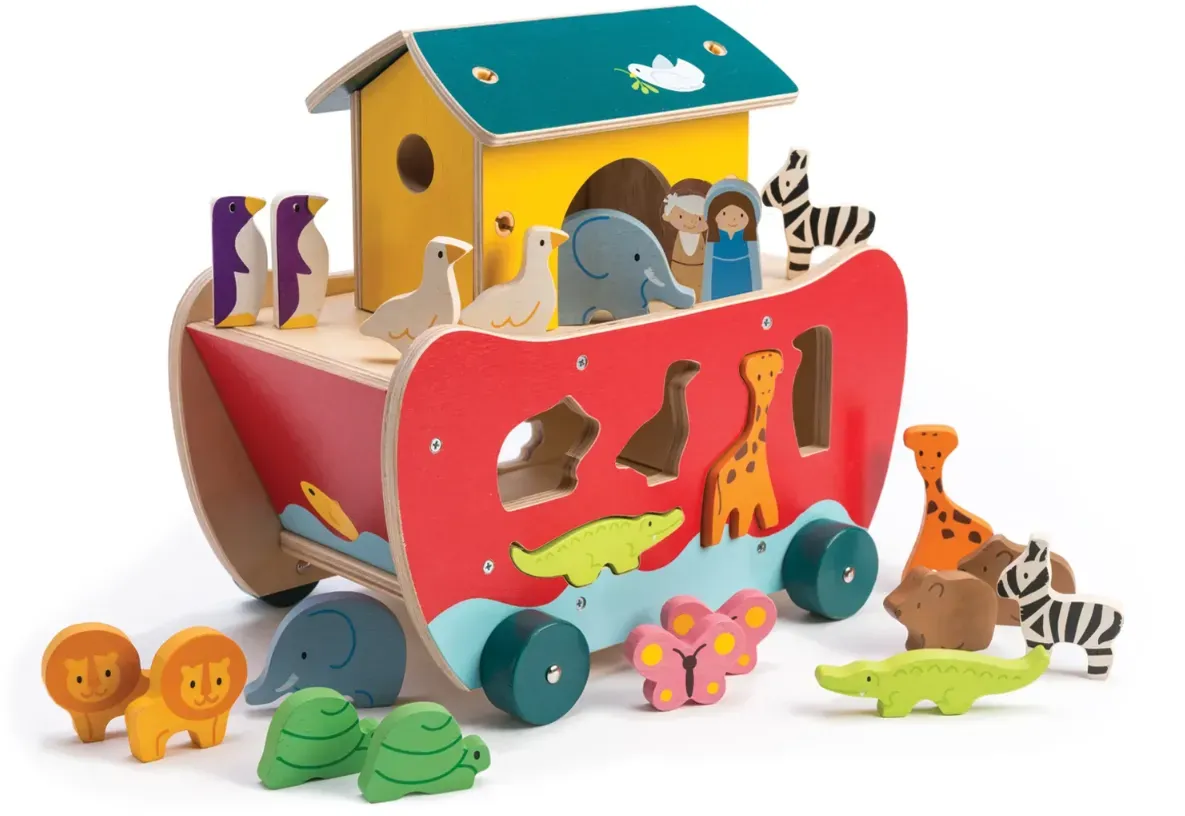 Sortier- und Steckspiel Arche Noah Holz 27,5x19,5x25 cm, mehrfarbig, handbemalt – Tender Leaf – 10 Tierpaare, nachhaltig