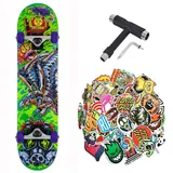 Komplettes Skateboard Tony Hawk PROFESSIONAL Serie Anfänger, 7,5 Zoll + Mehrzweck-Tool + 50 glänzende Sticker (Toxic 7,5 – Tool – 50 Sticks, 7,5)