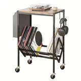 Gemsaya Vinyl Schallplatten Aufbewahrung Ständer, Vintage Plattenspieler-Ständer mit Stauraum, Seitlicher Aufbewahrungsbehälter und offenes Regal, Plattenspieler Tisch mit Rollen