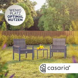 CASARIA Gartenmöbel Polyrattan Set Holz Akazie Wetterfest 2 Stühle Tisch Auflagen 160kg Belastbarkeit Verstellbar Terrasse Balkon Möbel Lounge Grau