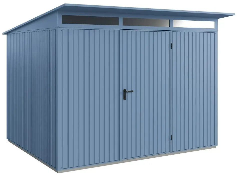 Hörmann Metall-Gerätehaus Berry mit Pultdach B 302 x T 238 cm (Typ 3), Motiv Classic (mit schmalen Lamellen), Einzeltür Türanschlag rechts, Taubenblau (RAL 5014)