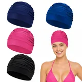 Badekappe Damen, 4 Stück Plissee Badekappen, Dunkelblau, Königsblau, Schwarz und Magentarot, Badehaube Damen Lange Haare, Schwimmkappe, Badekappen Für Schwimmer, Swimming Cap Women, Für Schwimmt