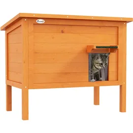 PawHut Katzenhaus aus Holz, Katzenhöhle Outdoor, Isolierte Katzenhütte mit Türvorhang