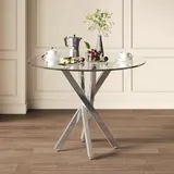 MODFU Esstisch Rund Couchtisch,Kaffee-Freizeittisch mit Glasplatte+Säule,Design galvanisierteTischbeine,GehärtetesGlas,Silber - Silber