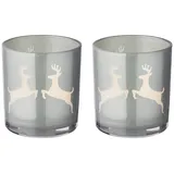 Edzard 2er-Set Teelichtglas Loki (Höhe 8 cm, ø 7,5 cm) in Grau, Windlicht mit Hirsch-Motiv
