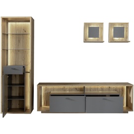 MCA Furniture Mid.you Wohnwand »Lizzano«, (Set, 4 St.), im modernen Landhausstil mit 3-D Rückwand, wahlweise mit Beleuchtung Grau, Eichefarben , 286x209x40 cm