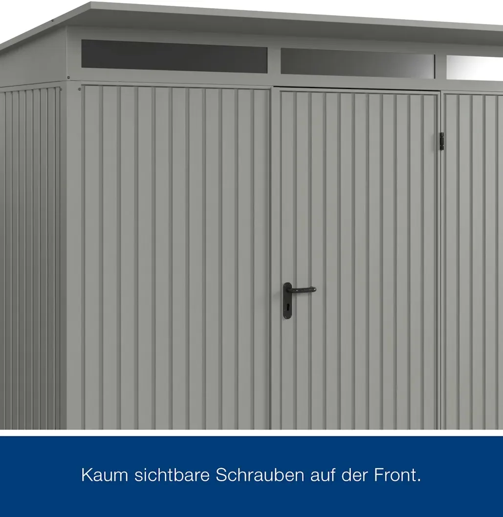 Hörmann Metall-Gerätehaus Berry mit Pultdach B 302 x T 238 cm (Typ 3), Motiv Classic (mit schmalen Lamellen), Doppeltür, Graualuminium (RAL 9007)