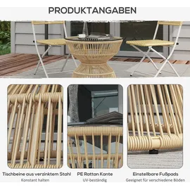 Outsunny Beistelltisch Rattan, Ø60 cm Couchtisch Gartentisch mit Tischplatte aus Hartglas