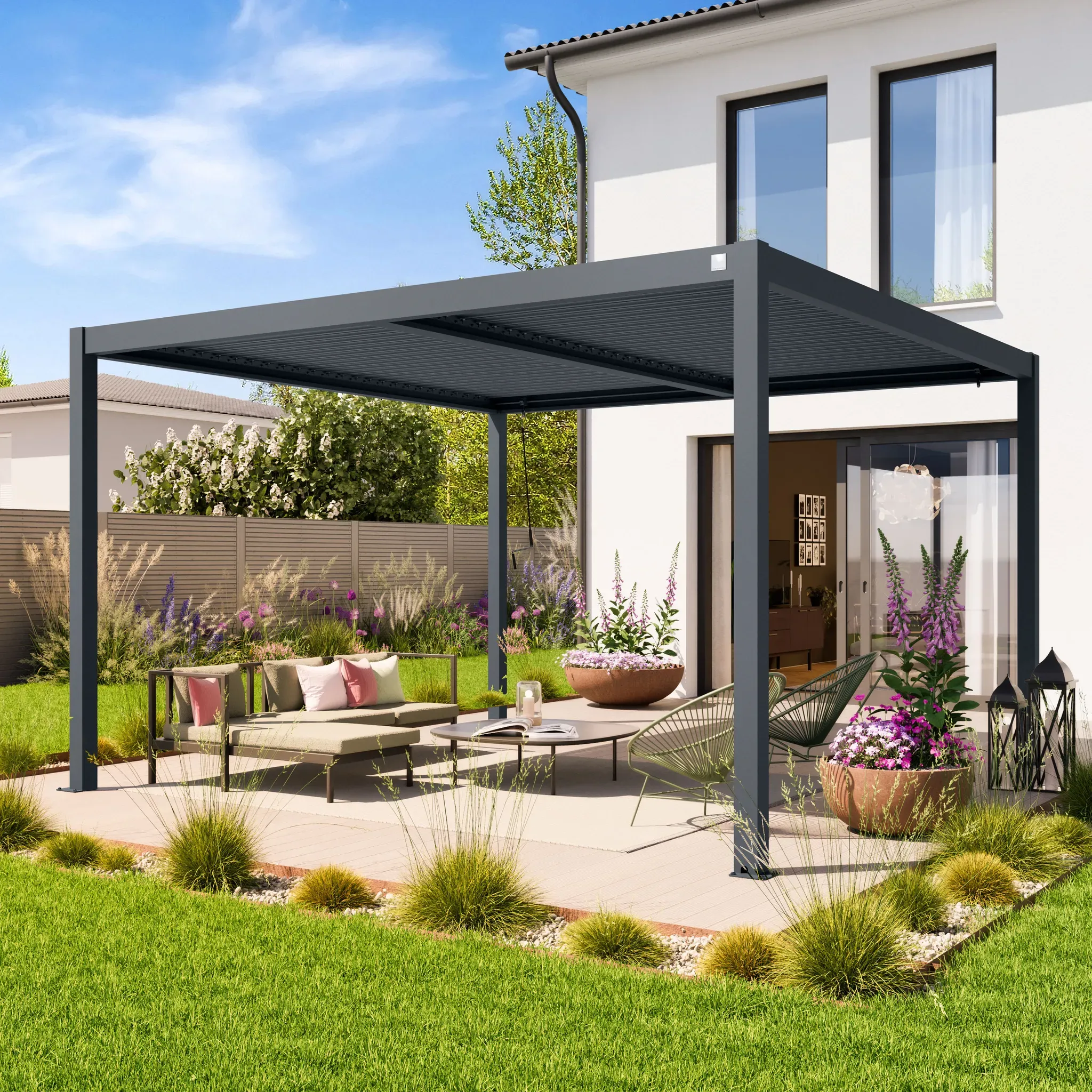 PRIMEYARD  4x4m Pergola in Anthrazit; mit Lamellendach in Anthrazit - (400129)