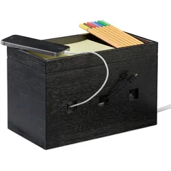 Relaxdays Kabelbox Bambus, Steckdosenleiste & Kabel verstecken, Kabelmanagement Schreibtisch, 16,5x25,5x14cm, schwarz