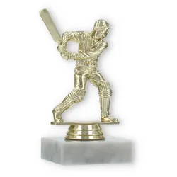 Pokal Kunststofffigur Cricket Schlagmann gold auf weißem Marmorsockel 13,0cm