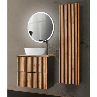 Lomadox Badmöbel Set 3-teilig anthrazit Eiche Nb., schwarz gerillt, Waschtisch 60 cm, Keramik Aufsatzwaschbecken, LED Spiegel, Hochschrank