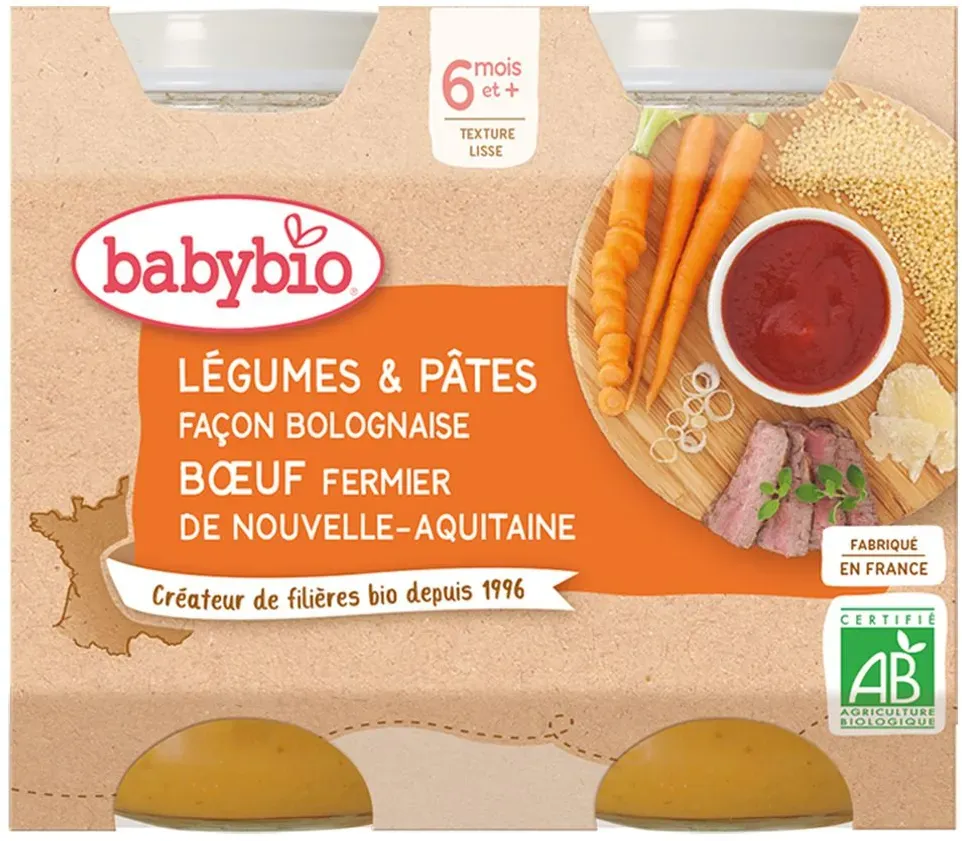 BABYBIO Menu Légumes & Pâtes façon bolognaise, bœuf fermier de Nouvele-Aquitaine 400 g Aliment
