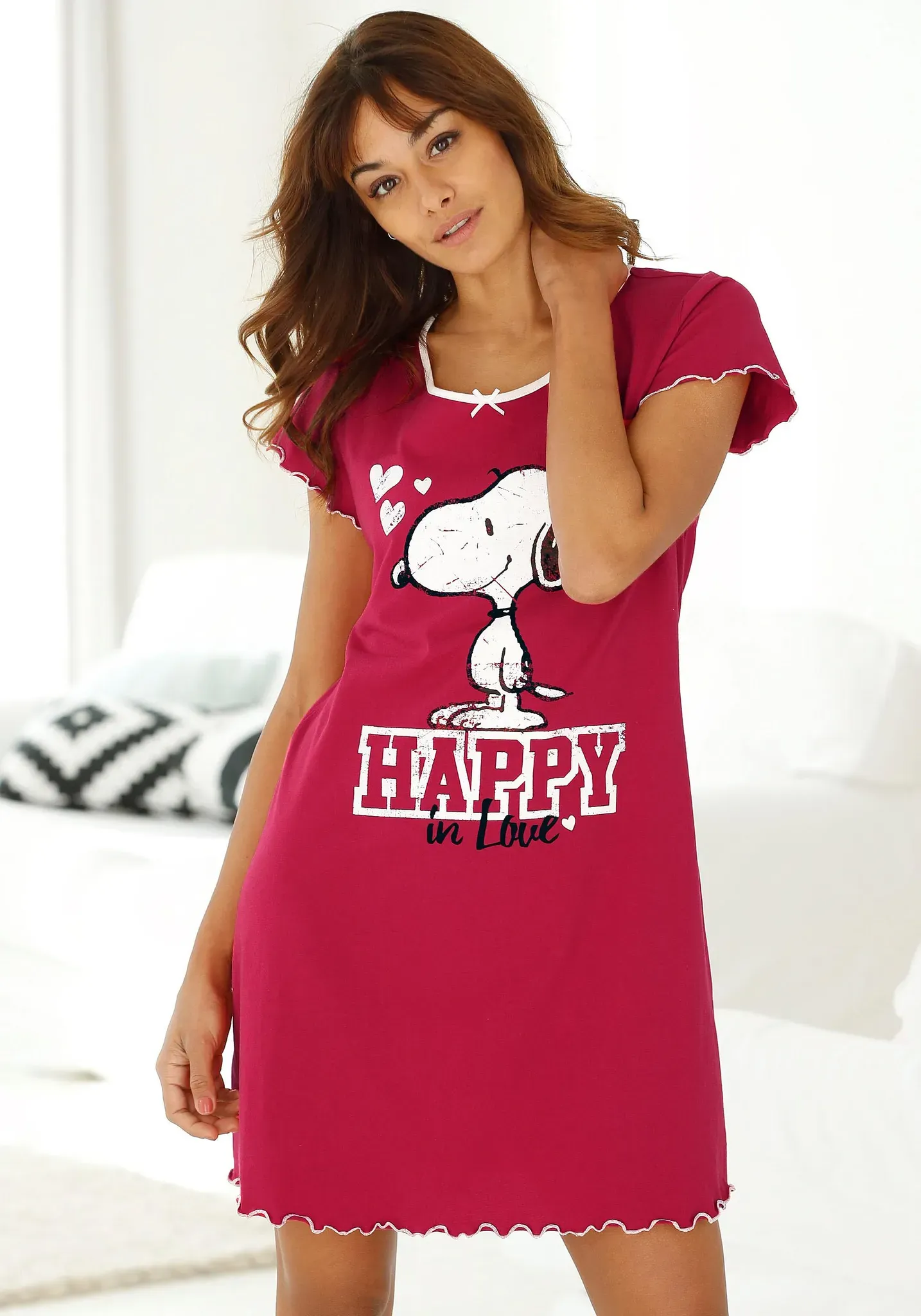 Nachthemd PEANUTS, Damen, Gr. 40/42, N-Gr, rot, Single Jersey, Obermaterial: 100% Baumwolle, Basic, bequem kurz, Rundhals, eingesetzt Babylock kontrastfarben, Kleider Nachthemd, mit Snoopy Print und Kräuselsäumen