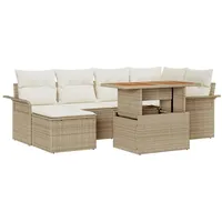 VidaXL 7-teiliges Garten-Esszimmer-Set mit Kissen, Beige Poly Rattan Akazie