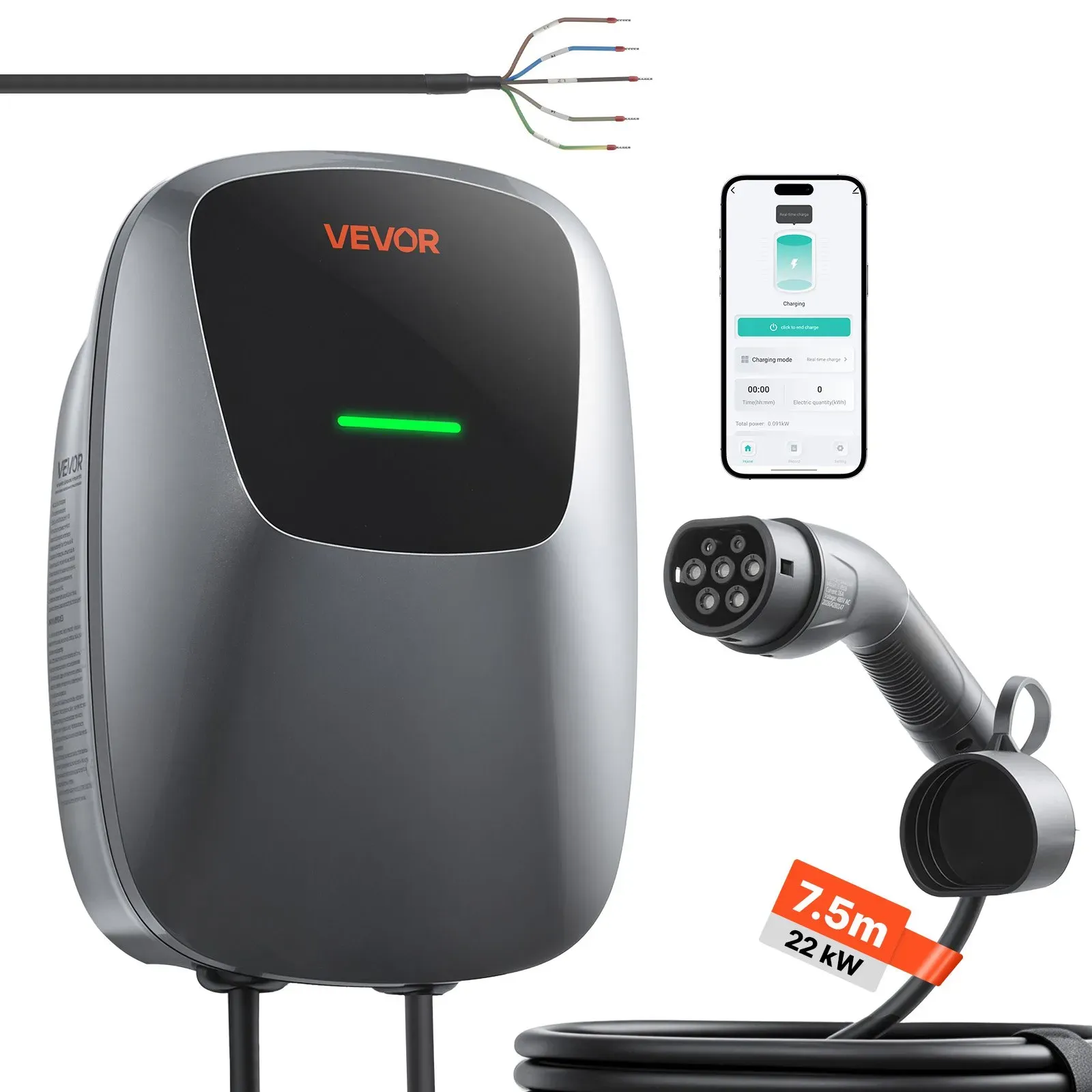 VEVOR Wallbox E-Auto-Ladestation 22 kW Dreiphasig 400 V Typ 2 7,5 m IP65, EV-Charger für Alle Elektrofahrzeuge und Plug-in-Hybride, Intelligentes Autoladegerät mit App-Steuerung und Digitalanzeige
