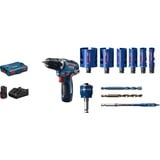 Bosch Professional GSR 12V-35 (2x 3,0 Ah Akku, 12 Volt, max. Drehmoment hart/weich: 35/20 Nm, in L-BOXX) + 10 tlg. Expert Construction Material Lochsäge Set (für Weichholz, Ø 20-64 mm, Zubehör)