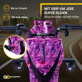 Actionbikes Motors Elektro-Drift-Trike für Kinder, Drift-Scooter, bis zu 15km/h, drosselbar, Hupe, LED-Driftrollen 360° (Space Purple)