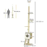Kratzbaum, deckenhoch, Katzenhaus, zwei Plattformen, Hängematte, Kippschutz, hellbraun+beige, 40 x 40 x 260 cm, beige, 40 cm - Beige