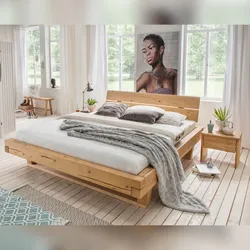 Bubema Mondera – Massivholz Balken-Bett mit Kopfteil, Holzfüße in Kufenform - 140 x 200 cm/Fichte geölt