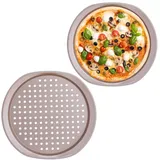 Relaxdays Pizzablech, 2er Set, D: 29,5 cm, Knusperblech mit Löchern, mit Griffen, Pizza & Flammkuchen, Stahl, braun