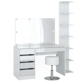 Vicco Schminktisch Sherry Weiß 4 Teile, mit Aufbewahrungsregal Spiegel, Hocker, LED