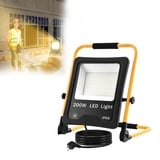 YRHome 200W LED Fluter Flutlicht Warmweiß mit Stecker Baustrahler Scheinwerfer + Gelb Stativ Baulampe Wasserdicht IP66 Außenbereich Innen Garten Garage