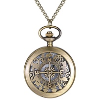 JewelryWe Taschenuhr Herren Retro Kreuz Blumenmuster Hohle Openwork Analog Quarz Uhr Umhängeuhr mit Halskette Kette Pocket Watch Bronze Unisex Geschenk