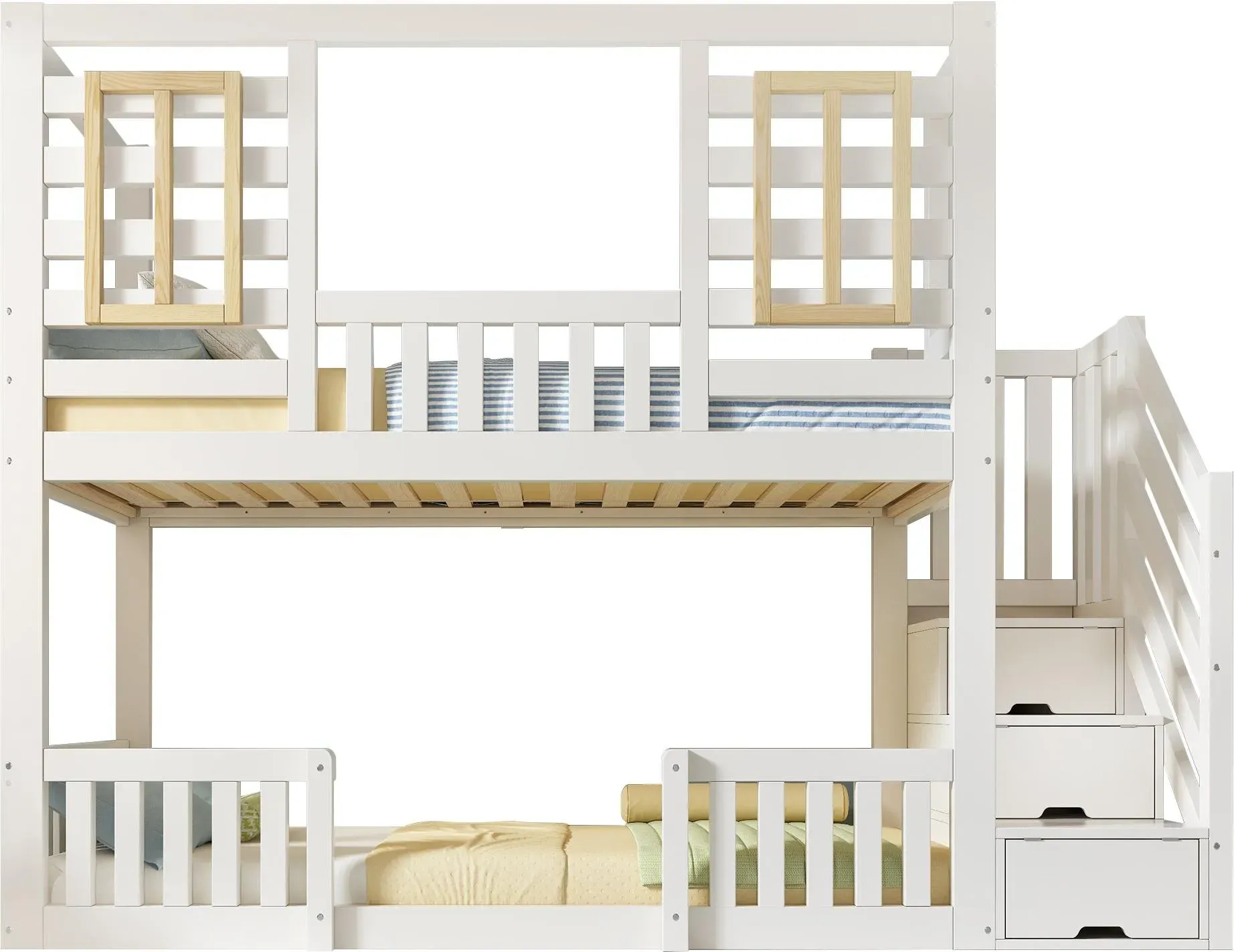 Etagenbett im Hüttenstil, Treppenschrank und Stauraum, 2 Liegeflächen je 90X200 cm, 254x95x170 cm, Weiß