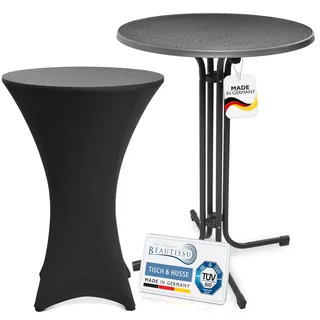 Beautissu Grauer Outdoor Stehtisch klappbar mit Husse 80 cm Schwarz – Wetterfester Partytisch Sylt + Stretch Stehtischhusse Stella – Platzsparender Bistrotisch Gastro-Qualität TÜV Made in Germany