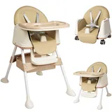 Aufun Kinderhochstuhl Klappbarer 4in1, Multifunktionaler Verstellbar, Baby Hochstuhl mit Tablett Abnehmbares und Rollen, Kinderhochstuhl Kombinierbarer mit 5-Punkt-Gurt, Kinder Essstuhl, Beige