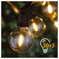 GlobaLink Lichterkette G40 Lichterkette Außen, 30-flammig, LED-Lichterkette IP65 wasserdicht G40 warmweiß 30 Glühbirnen LED Lichter außen, 10M Innen-/Außenbeleuchtung Party-Lichterkette (max 170M) Ausziehbare Außen-Lichterkette