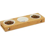 Relaxdays 3er Napfständer Bambus, Keramikschalen Wasser & Futter, spülmaschinenfest, Napfbar Katzen, kleine Hunde, natur,