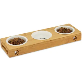 Relaxdays 3er Napfständer Bambus, Keramikschalen Wasser & Futter, spülmaschinenfest, Napfbar Katzen, kleine Hunde, natur,
