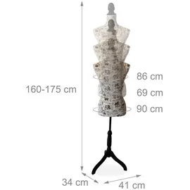 Relaxdays Schneiderpuppe, 36/38, höhenverstellbar 160–175 cm, Holzständer, Paris-Design, Creme/schwarz