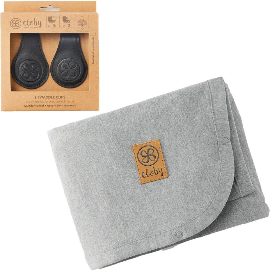 Cloby Bundle aus Leather Clips + Cloby Sun Protection Blanket, Cloby Clip: Black/Grey Reflective, Cloby Farben: Peachy Summer