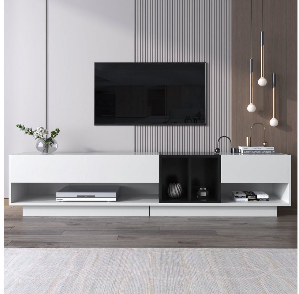 Celya TV-Schrank Farbblockierendes Design, Schubladen, Fächer, mehrere Stauräume Lowboard, Kombination in Hochglanz-Weiß und Schwarz weiß