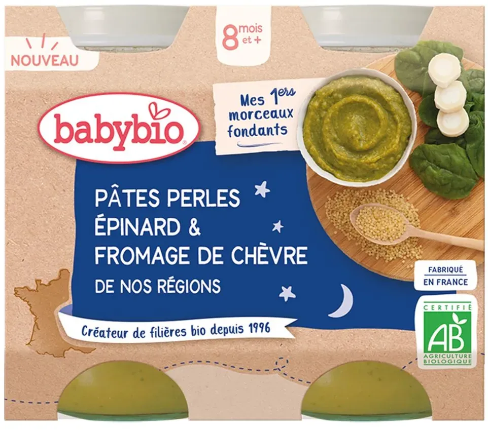 Babybio PÂTES PERLES EPINARD & FROMAGE DE CHÈVRE DE NOS RÉGIONS dès 8 mois 400 g Aliment