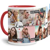 Tasse mit Spruch LOVE zum SELBSTGESTALTEN mit FOTO-COLLAGE für 8 WUNSCHFOTOS - Fototasse personalisiert - Persönliche Geschenkidee für Freunde und Familie - Innen & Henkel Rot