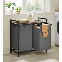 Songmics VASAGLE Wäschekorb 2 Fächer, mit Ablage, Wäschebox, Wäschesack aus Oxford-Gewebe ausziehbar abnehmbar, 2 x 46 L - Grau