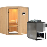 Karibu Sauna Larin mit Eckeinstieg 68 mm - 9 kW Bio-Kombiofen inkl. Steuergerät-Ohne Dachkranz-Klarglas Ganzglastür