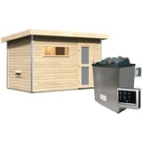 Karibu Gartensauna Pultdach Saunahaus Skrollan 1 mit Vorraum-9 kW Ofen inkl. Steuergerät-Milchglas-Saunatür (blickdicht) inkl. 8-teiligem gratis Zubehörpaket (Gesamtwert 191,92€)