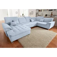 Wohnlandschaft DOMO COLLECTION "Franzi wahlweise mit Kopfteilverstellung Bettfunktion, Bettkasten", blau (pastelblau), B:352cm H:80cm T:214cm, Flachgewebe (100% Polyester), Chenille (100% Polyester), Sofas, im XXL-Format B/T/H: 352/214/80 cm, Steppung im Sitz, U-Form