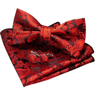 JEMYGINS Rot Paisley Fliege und Einstecktuch mit Manschettenknöpfe Sets für Herren (Rot2) - M