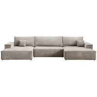 BROMARKT - Sofa mit Schlaffunktion - Schlafsofa Pablo U - Ecksofa U-Form Sofa - Modern Design Couch - Kordstoff - Freistehend - mit Bettzeugbehälter - 398x148x85cm - Beige