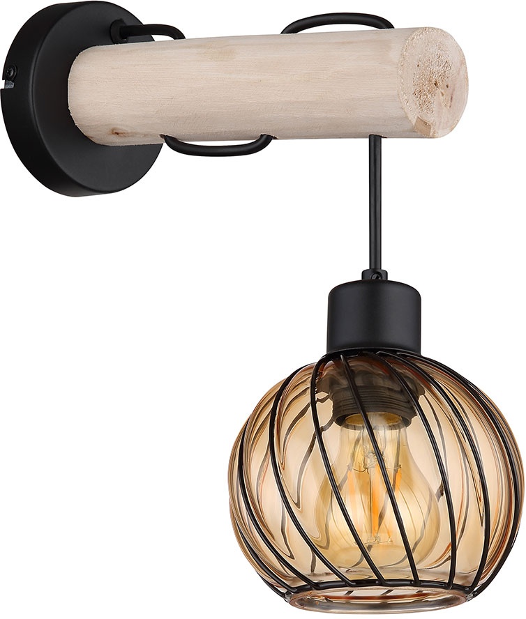 Wandleuchte Holzlampe Glasschirm rund Wandlampe amber Glas Wohnzimmerlampe Holz Glas amber, Metall, E27 Fassung, LxBxH 27x13x30 cm