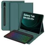 Bettdow für Samsung Galaxy Tab S10+/S10 Plus Tastatur Hülle, QWERTZ Layout Abnehmbarer Beleuchtete Tastatur mit Hülle für Tab S10+/S9+/S9 Plus/S9 FE+/S9 FE Plus 12.4 Zoll, Dunkelgrün