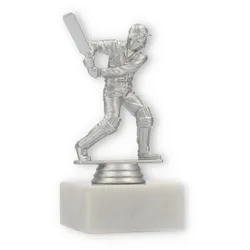 Pokal Kunststofffigur Cricket Schlagmann silbermetallic auf weißem Marmorsockel 14,0cm