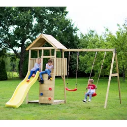 Wendi Toys Holz Spielturm Pinguin | inkl. Rutsche, Kletterwand, 2 Schaukeln & Sandkasten | Natur | 280x340x270 cm